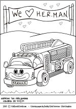 Herman the Fire Engine coloring page for kids.